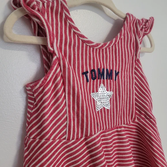 🧸2/20$ Tommy Red Striped Toddler Dress Top Size 24M Ruffle Sleeves Girl Bow - Picture 2 of 5
